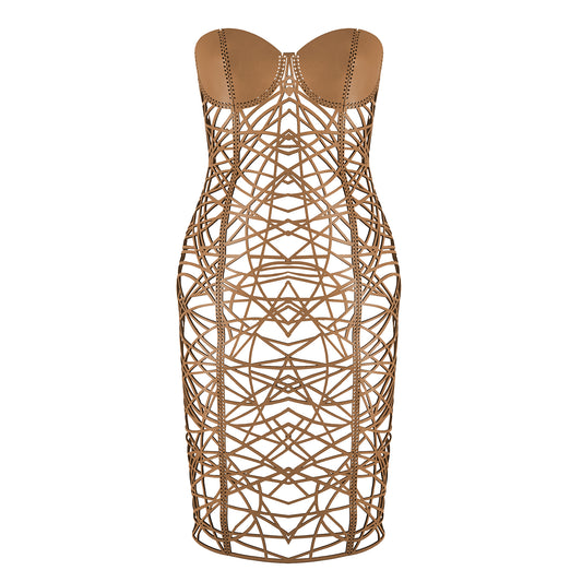 Geometrica Strapless Leather Dress Cuoio