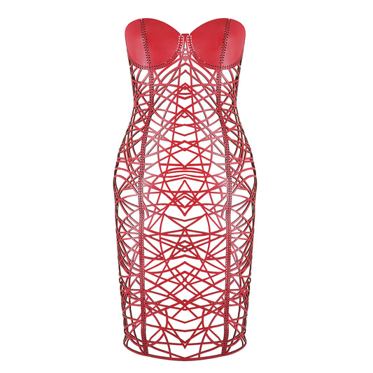 Geometrica Strapless Leather Dress Red