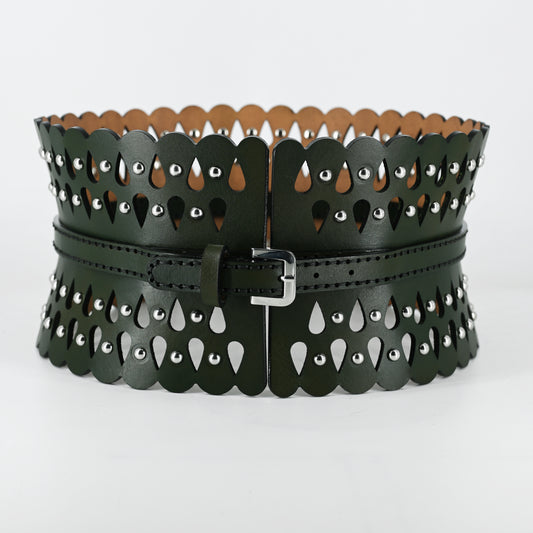 Droplet Dazzle Studded Corset-Belt Deep Forest Green